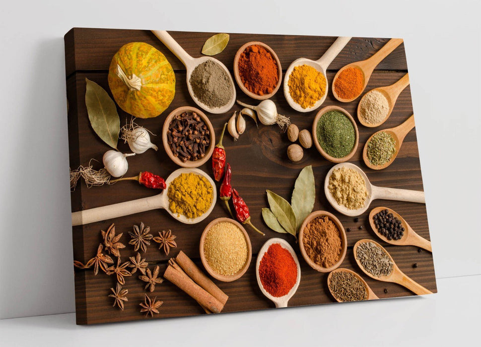 Kitchen Canvas Art – Herbs Spices Print | Wooden Spoon Decor Wall Artwork