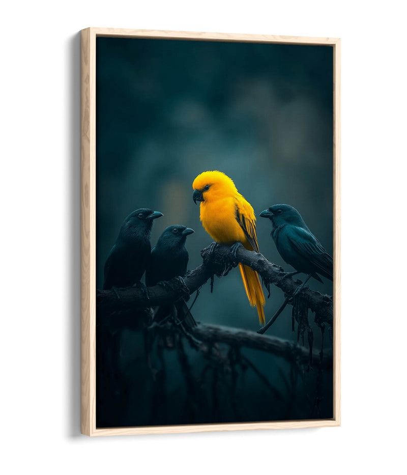 Canvas Wall Art – Yellow Bird With Black Crows | Float Effect, Ready To Hang