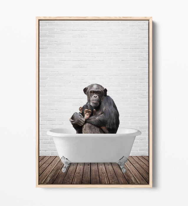 MONKEY CHIMP IN BATHTUB -QUIRKY BATHROOM FLOAT EFFECT CANVAS WALL ART PRINT