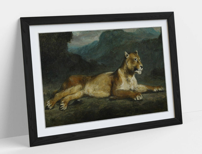 Framed Art Print - Eugene Delacroix Lioness Wall Art Poster With Woodgrain Frame