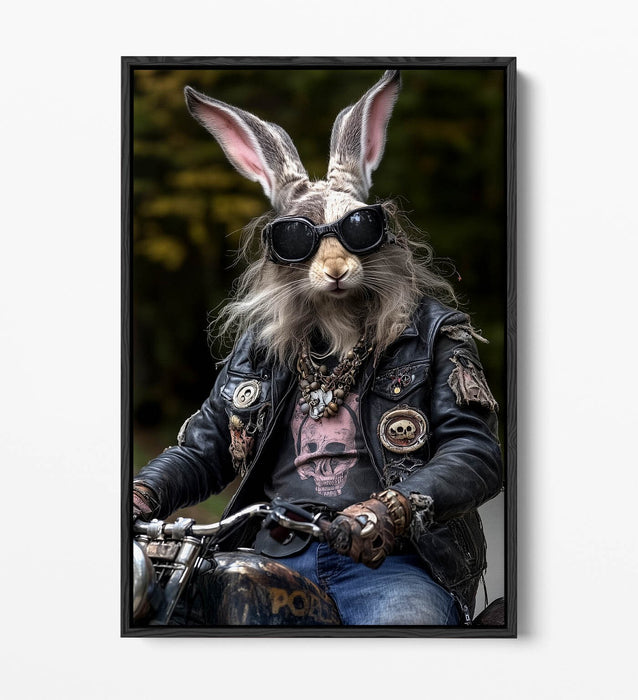 Biker Rabbit Canvas - Funny Anthropomorphic Hairy Rabbit Float Effect Art Print