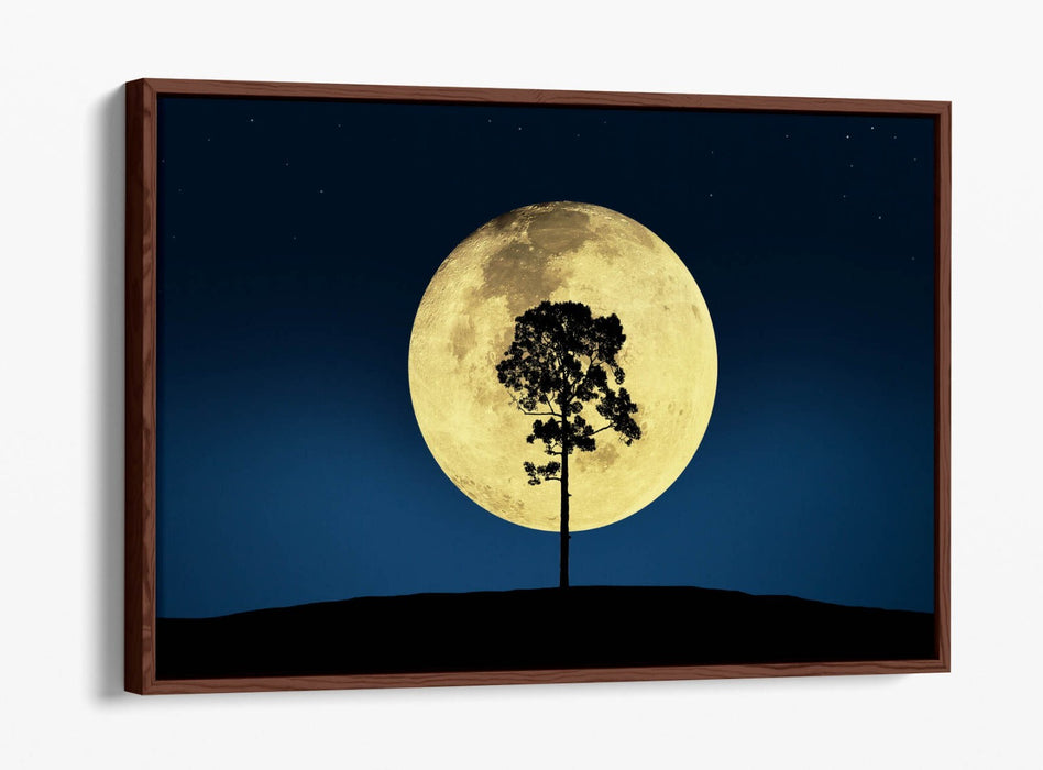Canvas Wall Art - Tree Silhouette Print With Big Moon | Blue Night Sky Decor