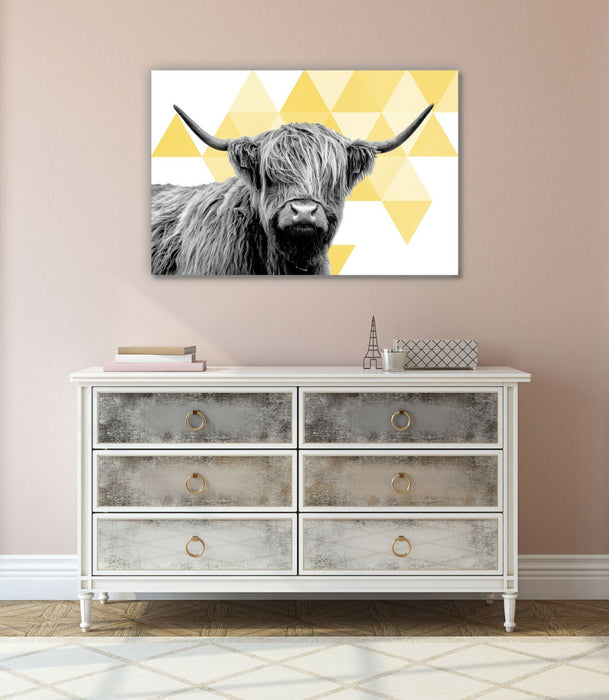 Highland Cow Canvas - Handmade Geometric Wall Art Print | Yellow Grey Artwork