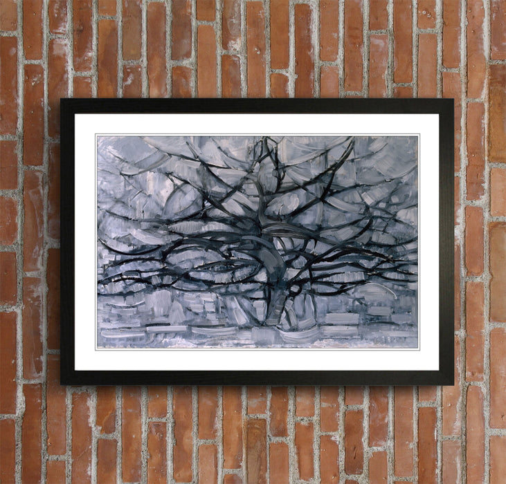 Mondrian Framed Wall Art – Abstract Geometric Art Print With Wood Grain Frame