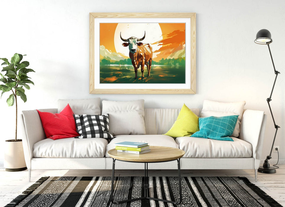 Framed Wall Art – Cow Standing In Water Orange Sunset Poster Print With Woodgrain Frame
