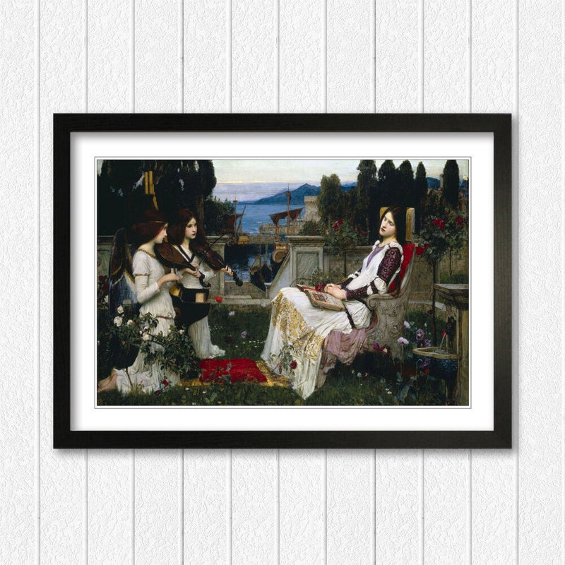St Cecelia Framed Art – John William Waterhouse Classic Art Print With Faux Wood Grain Frame