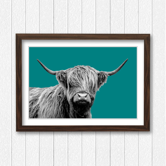 HIGHLAND COW BLACK AND WHITE TEAL FRAMED POSTER WALL ART PRINT ARTWORK DESIGN