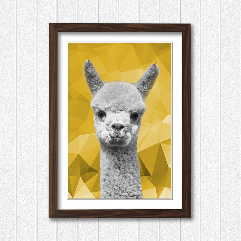 Framed Poster Wall Art – Alpaca Black White Poster with Mustard Yellow Print