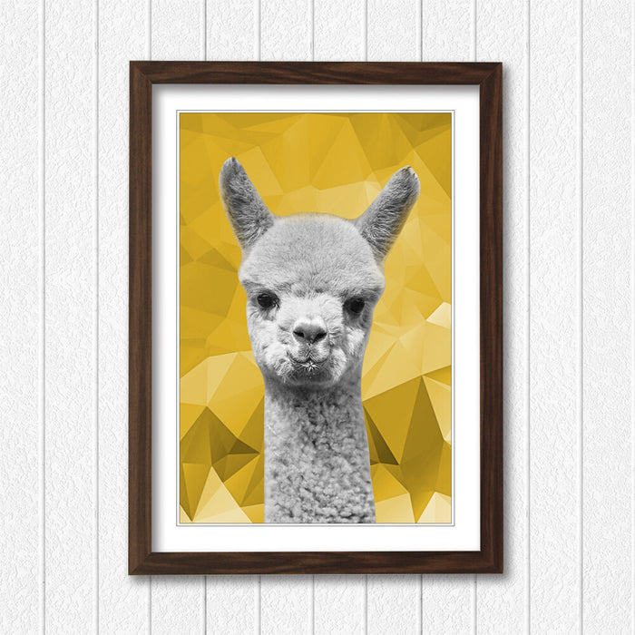 Framed Poster Wall Art – Alpaca Black White Poster with Mustard Yellow Print