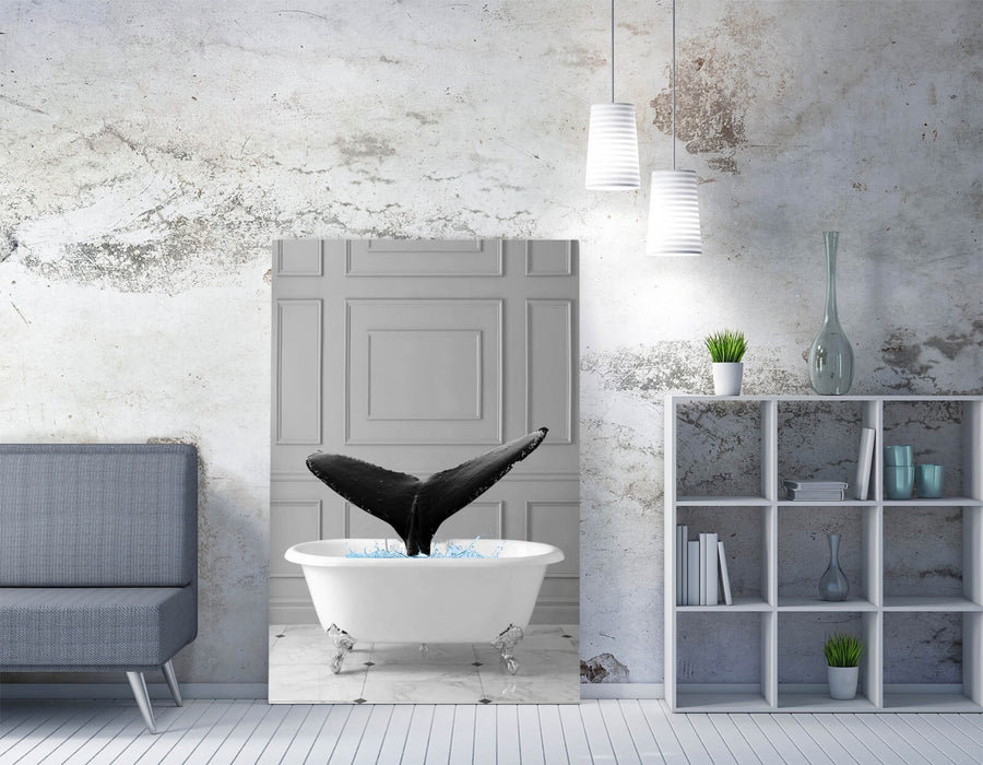 WHALE IN BATHTUB -QUIRKY CANVAS WALL ART PRINT ARTWORK ANIMAL FRAMED BATHROOM