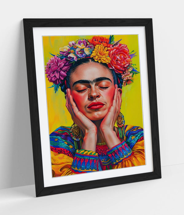 Frida Kahlo Wall Art – Colourful Portrait Print With Natural Wood Frame