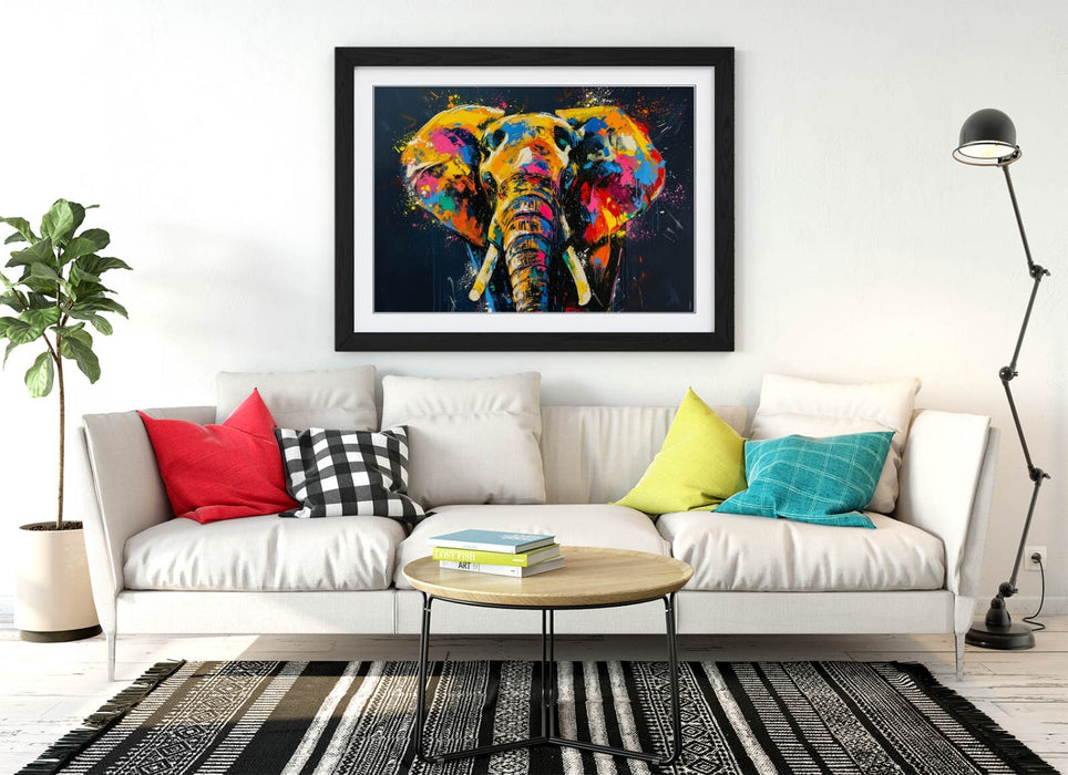 Framed Wall Art - Multi Colour Abstract Elephant Print With Wood Grain Frame