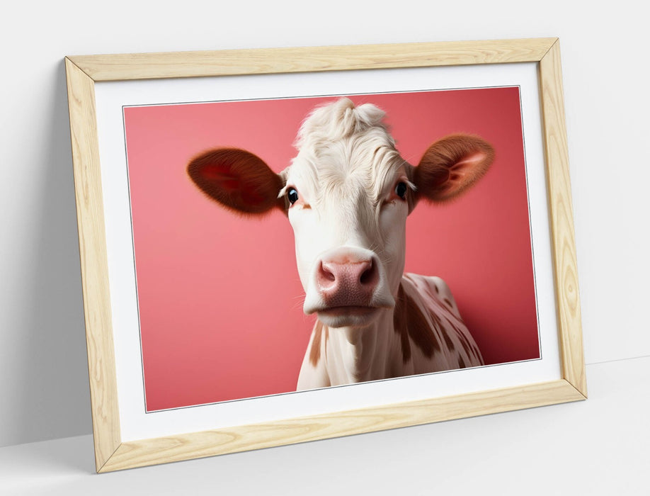 Cow Wall Art - Framed Close Up Print With Pink Background | Handmade UK Home Decor