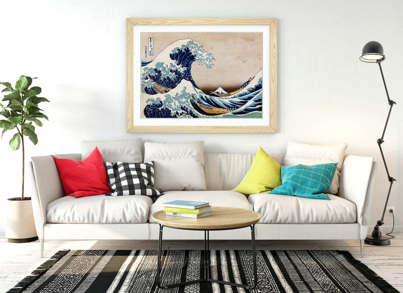 Hokusai Framed Art - Great Wave Print With Woodgrain Frame Style, Matte Paper Poster