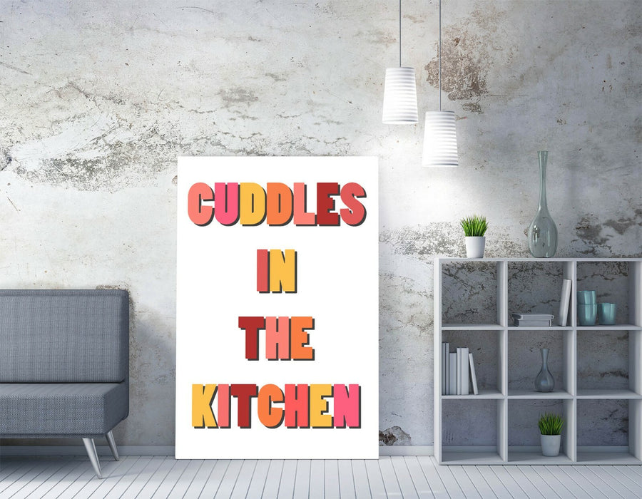 "CUDDLES IN THE KITCHEN" HAPPY HOME QUOTE -CANVAS WALL ART PICTURE PRINT- ORANGE