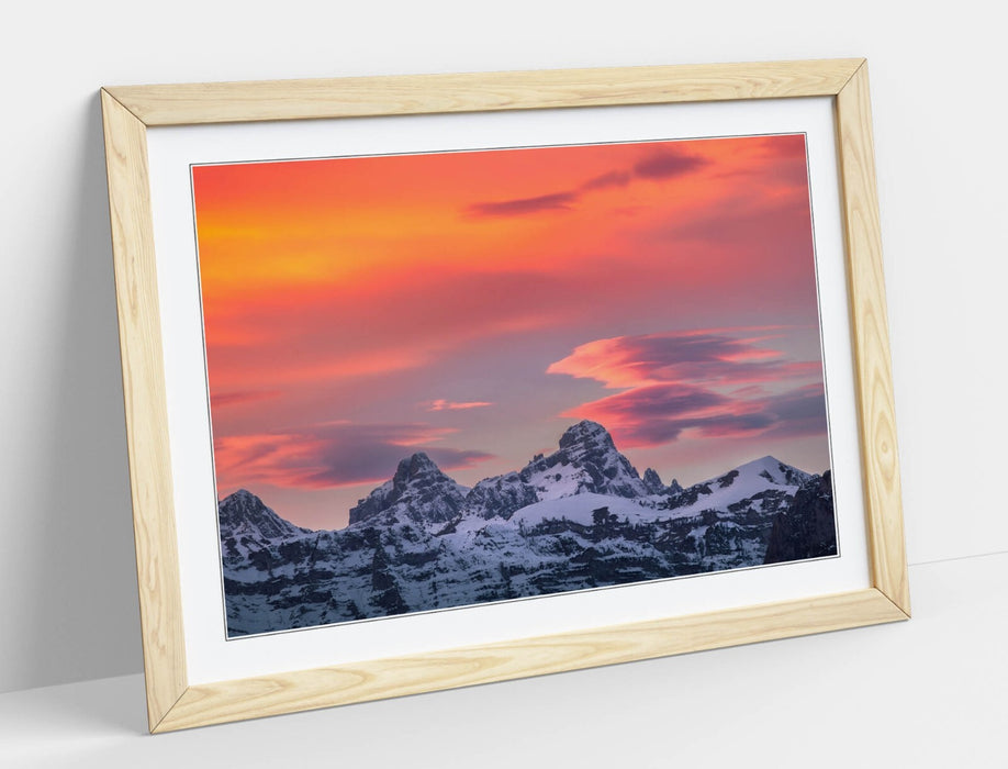 Framed Art Poster - Snowy Mountain Wall Art With Pink Orange Sky Print