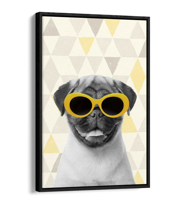 PUG SUNGLASSES YELLOW GREY -FLOAT EFFECT CANVAS WALL ART PIC PRINT- WHITE
