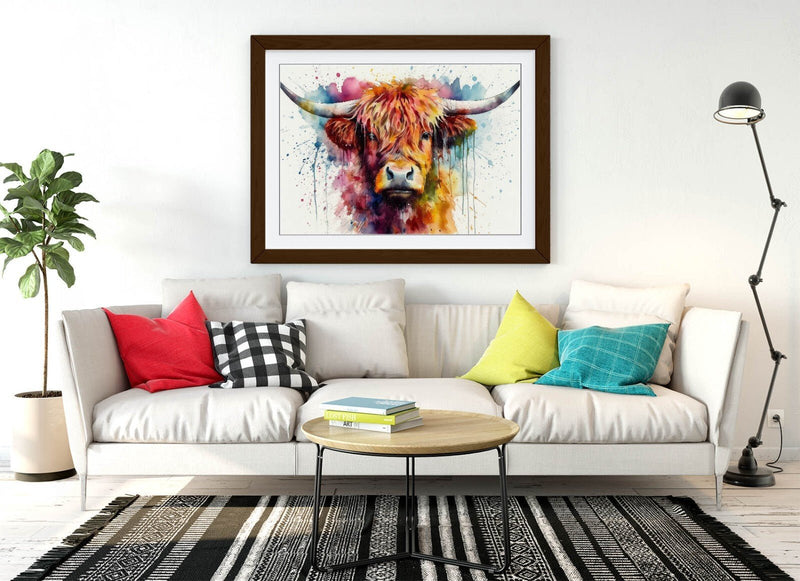 Highland Cow Wall Art – Framed Watercolour Animal Print With Woodgrain Frame
