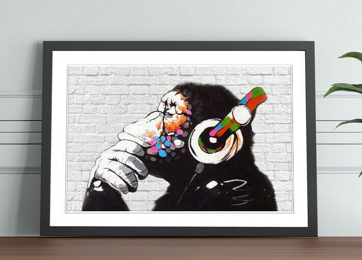 BANKSY DJ MONKEY WHITE BRICK FRAMED STREET ART POSTER PICTURE PRINT 4 SIZES