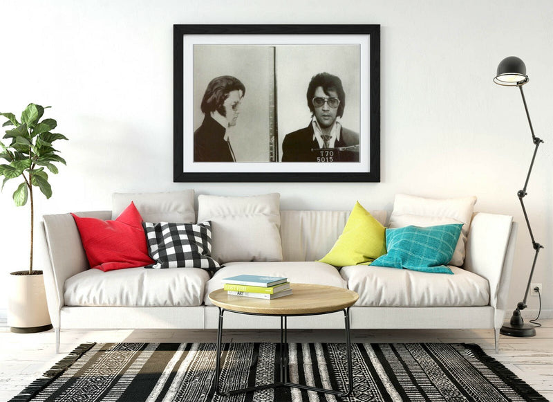 Framed Poster Art - Elvis Mugshot Print With Woodgrain Faux Frame & Matte Paper