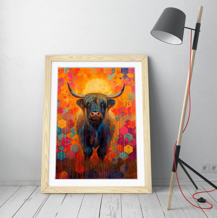 Highland Cow Wall Art – Multi Color Framed Hexagonal Pattern Poster Print