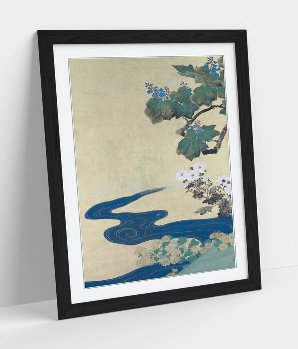 Framed Art Poster | Japanese Floral Wall Art Print with Wood Grain Frame