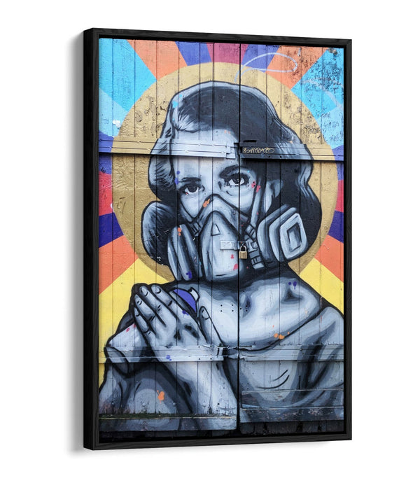 WOMAN GAS MASK EAST LONDON GRAFFITI 1 -FLOAT EFFECT CANVAS WALL ART PIC PRINT