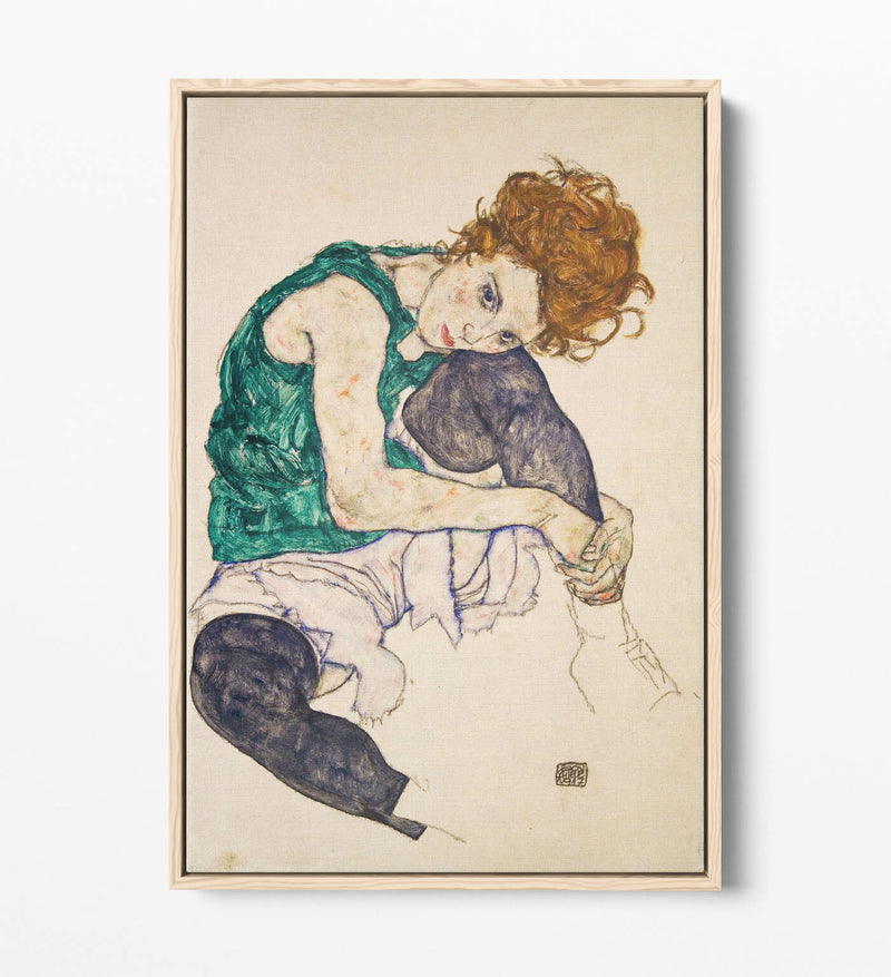 Canvas Wall Art - Egon Schiele, Seated Woman With Legs - Float Effect Print Green
