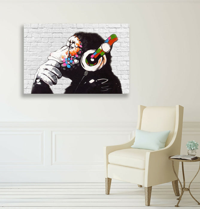 MONKEY DJ BANKSY WHITE BRICK CANVAS STREET WALL ART PRINT ARTWORK -  GORILLA