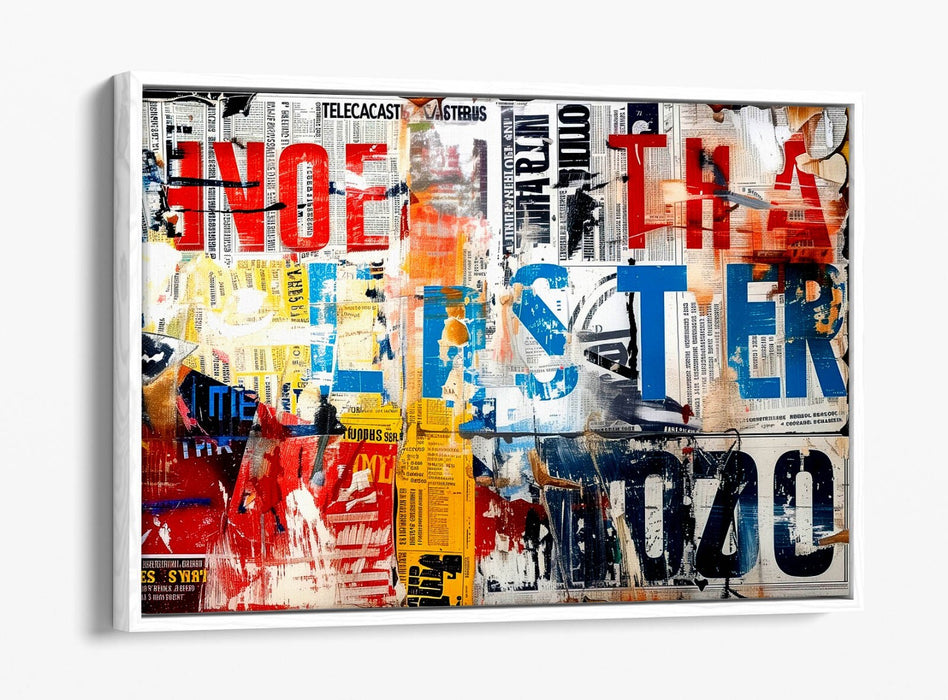 Float Effect Canvas Art – Abstract Newspaper Collage Graffiti Print on 30mm Deep Frame