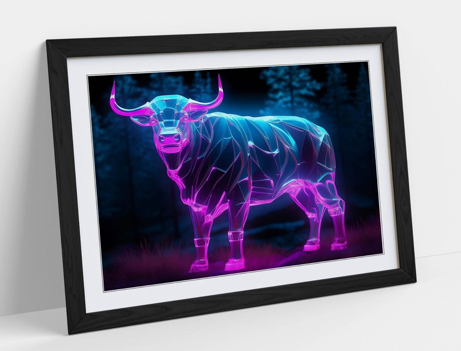 Framed Wall Art - Glowing Purple Blue Cow Poster Print | Contemporary Decor