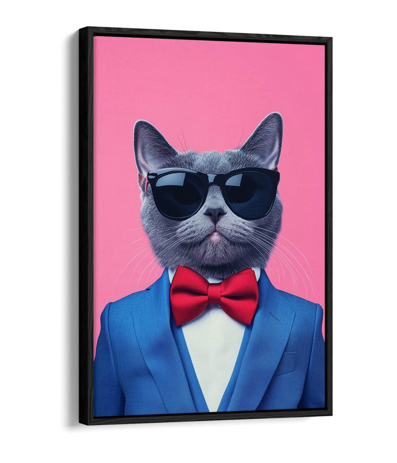 Cat Canvas Wall Art - Funny Cat Wearing Bow Tie & Sunglasses | Premium Float Frame