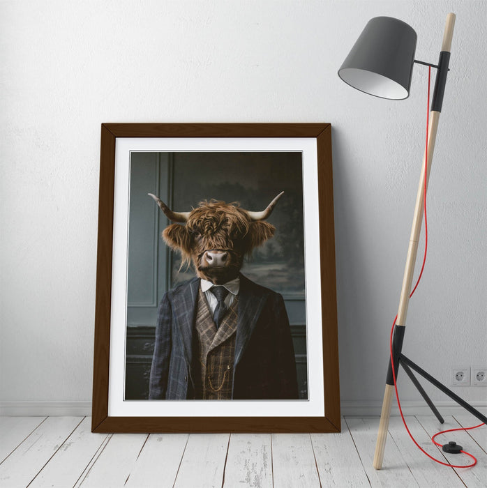 Highland Cow Wall Art - Framed Animal Poster with Woodgrain Frame, Handmade UK