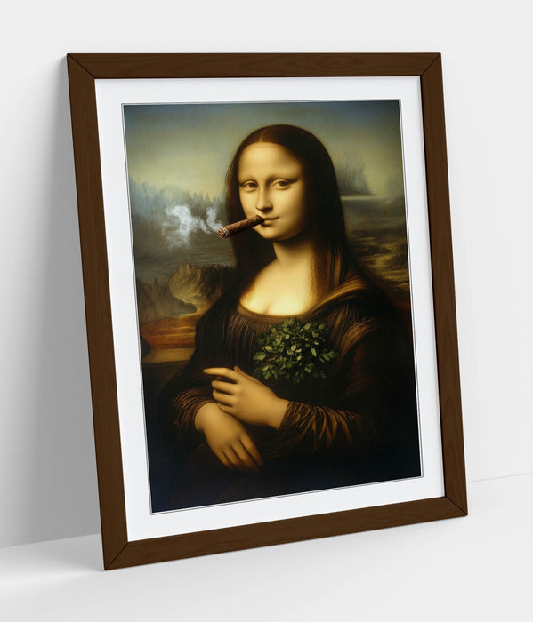 Framed Wall Art - Mona Lisa Smoking Cigar Funny Portrait Print With Woodgrain Frame