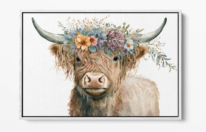 Highland Cow Canvas - Float Effect Canvas Wall Art With Flower Crown Print