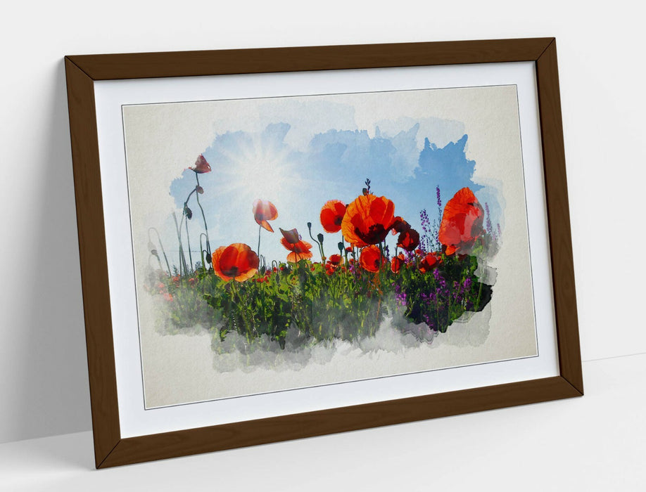 Framed Wall Art - Poppy Field Watercolour Painting With Natural Wood Frame
