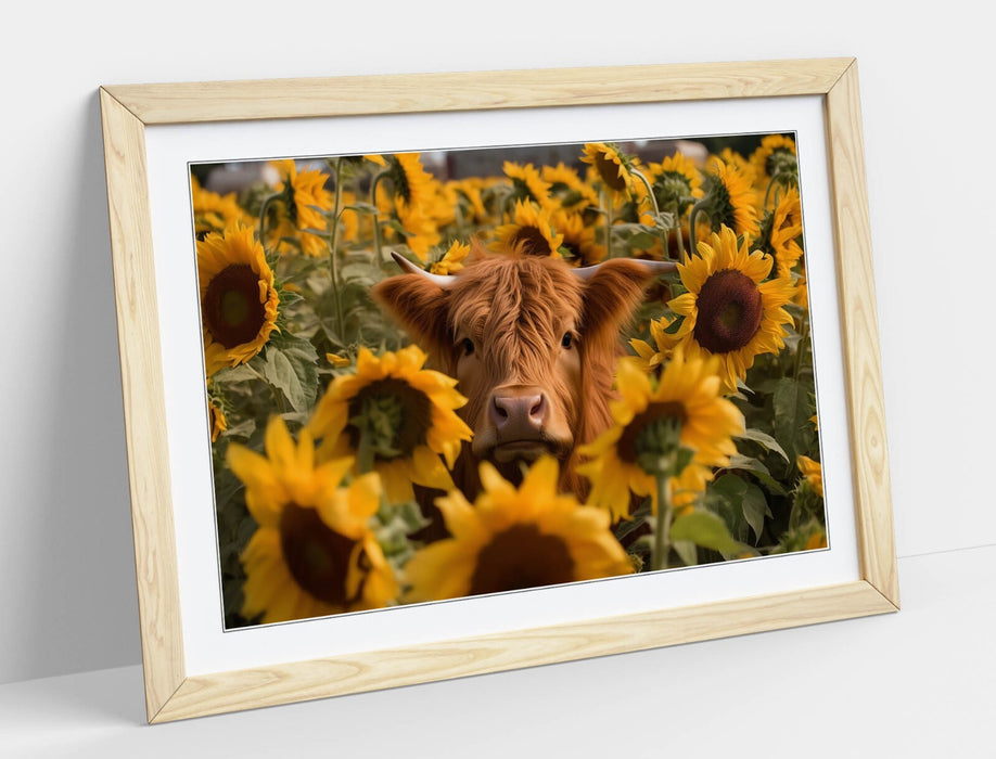 Highland Cow Wall Art – Framed Sunflower Field Poster | Rustic Farmhouse Decor