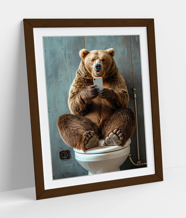 Funny Bear Wall Art - Framed Bathroom Decor With Wood Grain Frame & Matte Paper Print