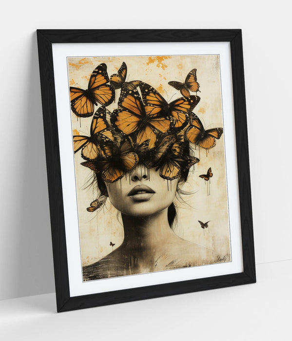 Framed Wall Art Poster – Woman Butterfly Portrait Print with Natural Wood Frame