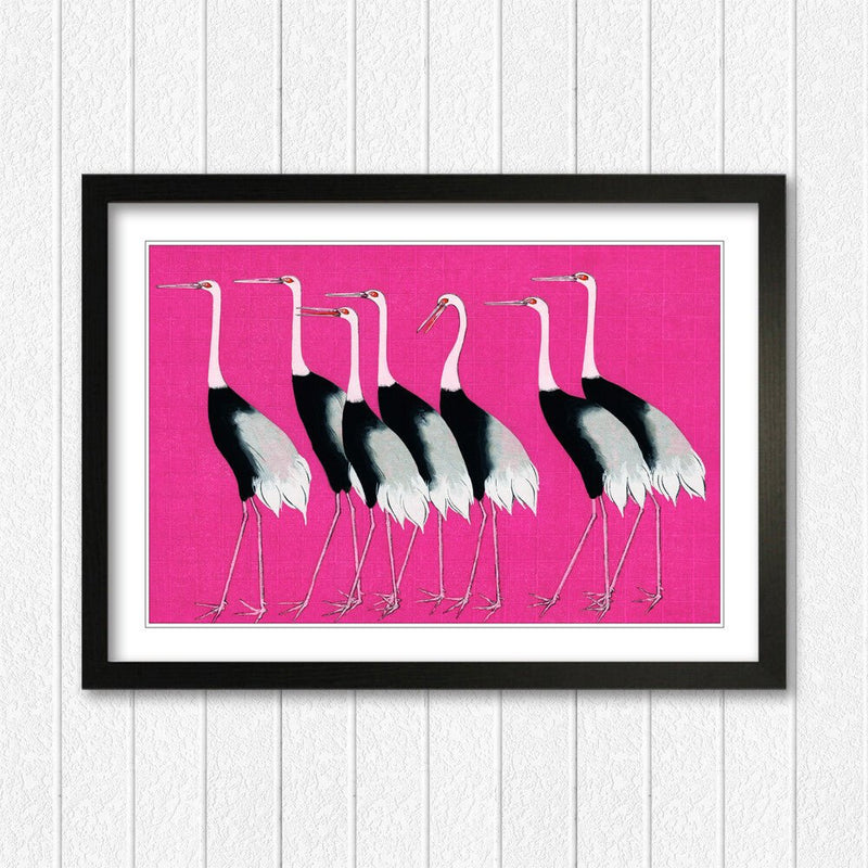 Framed Wall Art – Japanese Pink Crane Poster With Woodgrain Frame, Ready To Hang
