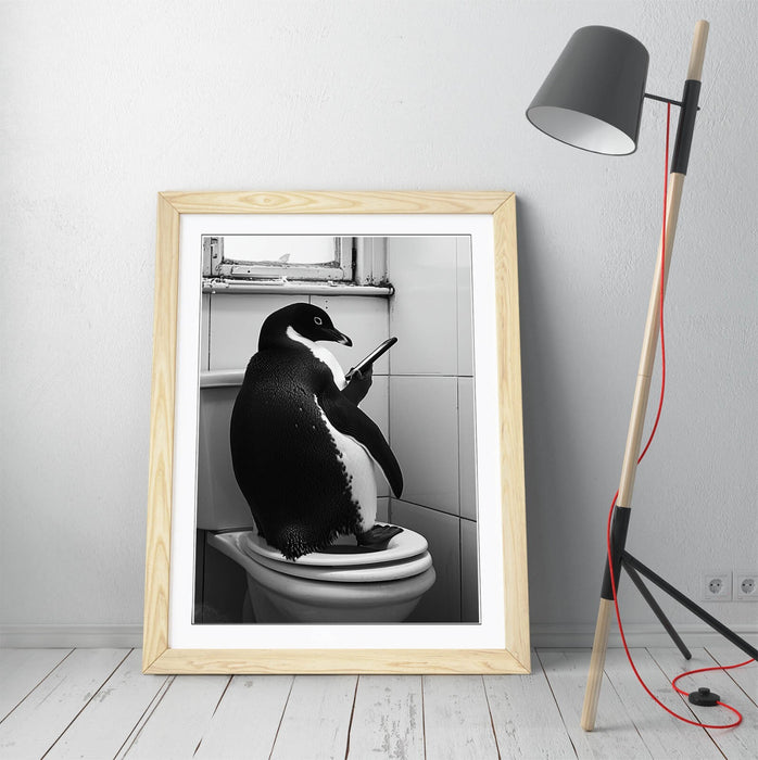 Funny Penguin Wall Art - Framed Poster Print With Toilet Humor For Bathroom Decor