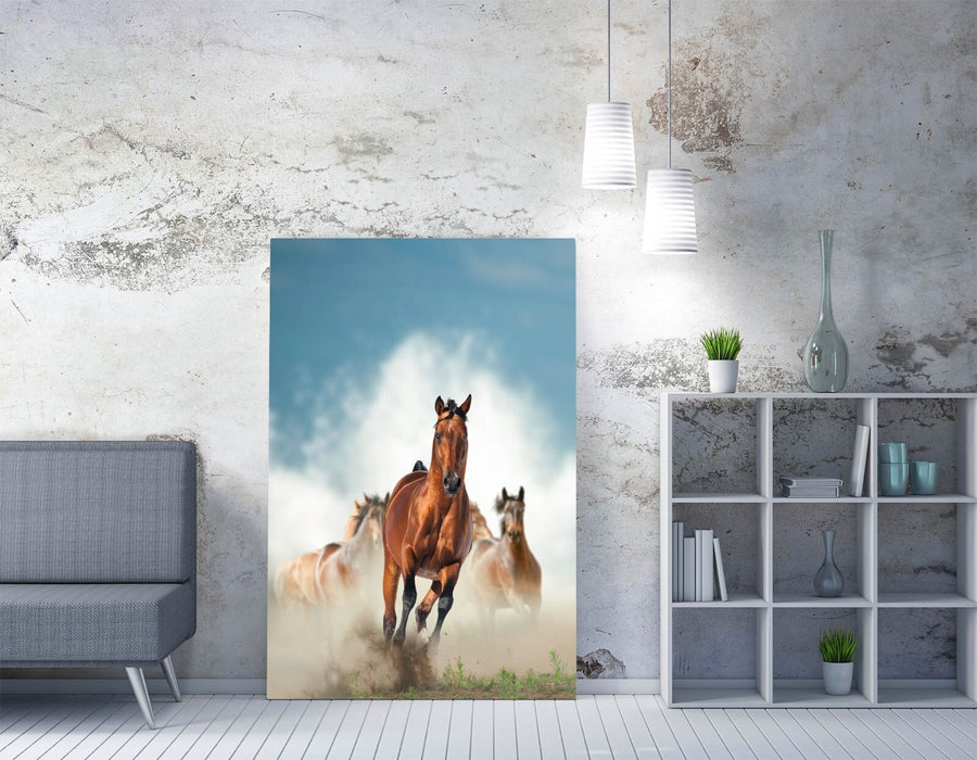 Brown Horses Canvas Art – Majestic Galloping Horse Picture | Handmade UK Wall Decor
