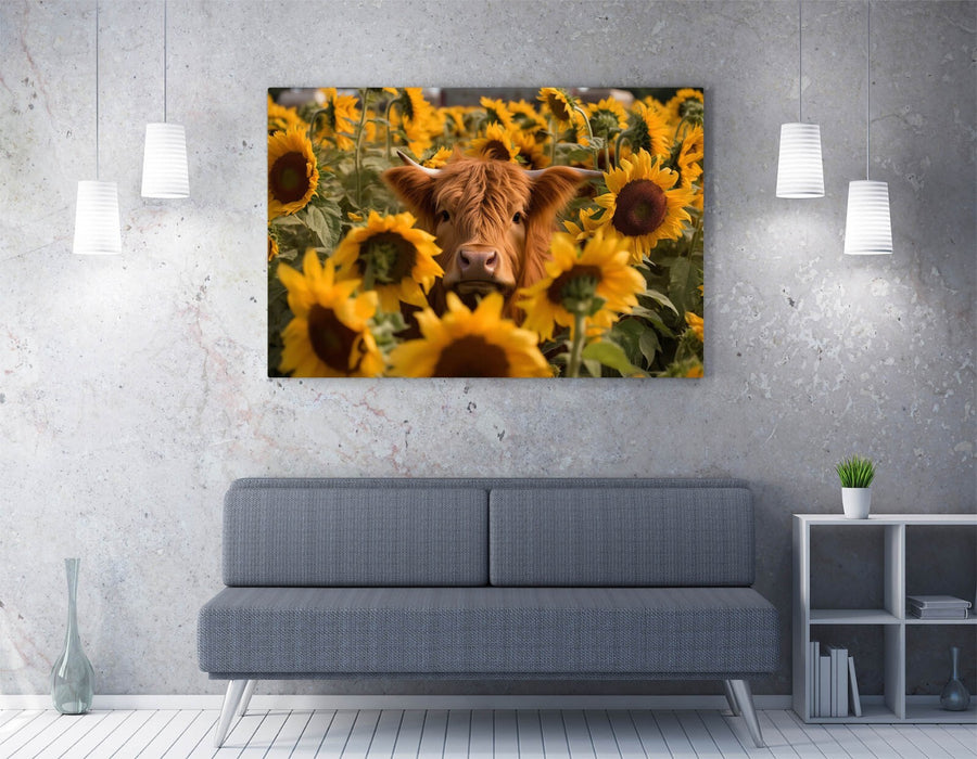Highland Cow Canvas - Sunflower Field Art | Handmade UK Canvas Wall Artwork