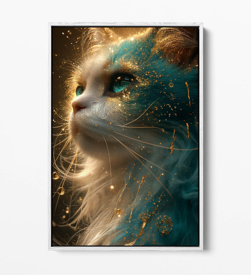 Glowing Cat Canvas Art – Blue Gold Artwork | Float Effect Canvas Print