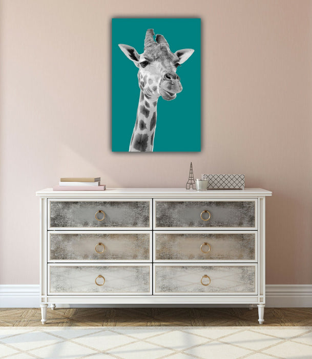 Giraffe Canvas Wall Art – Teal Black White Animal Print on Archival Grade Canvas