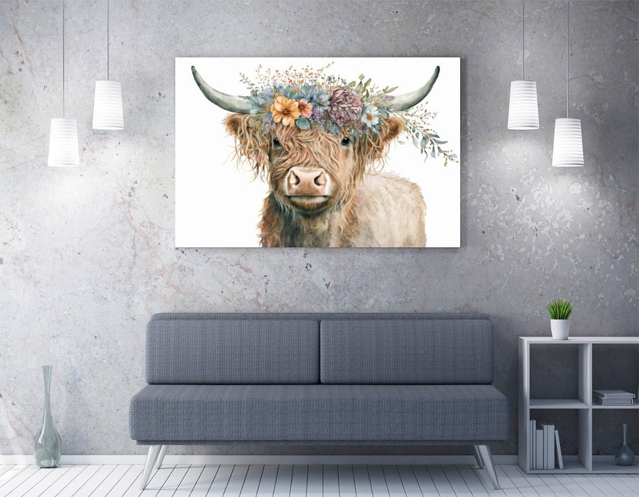 Highland Cow Canvas – Handmade Premium Canvas Wall Art With Flower Crown Decor