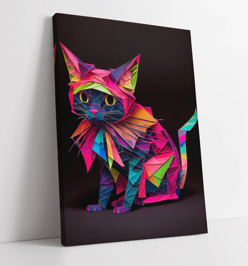 Origami Cat Wall Art - Multi Colour Canvas Wall Decor With Premium Varnish Finish