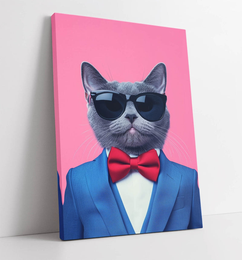 Funny Cat Canvas Art - Grey Cat Wearing Bow Tie & Sunglasses | Premium Wall Decor