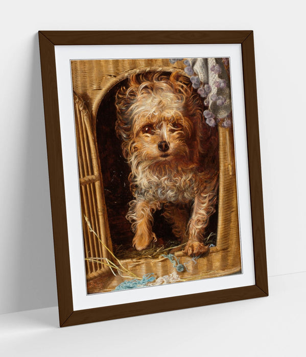 Framed Art Poster - Darby In Basket Wall Art Print With Woodgrain Frame