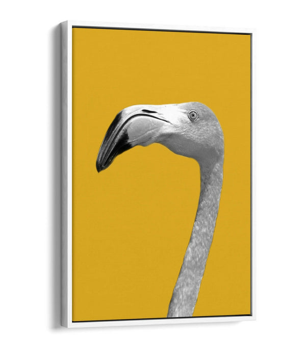 FLAMINGO HEAD YELLOW MUSTARD -FLOAT EFFECT CANVAS WALL ART PIC PRINT